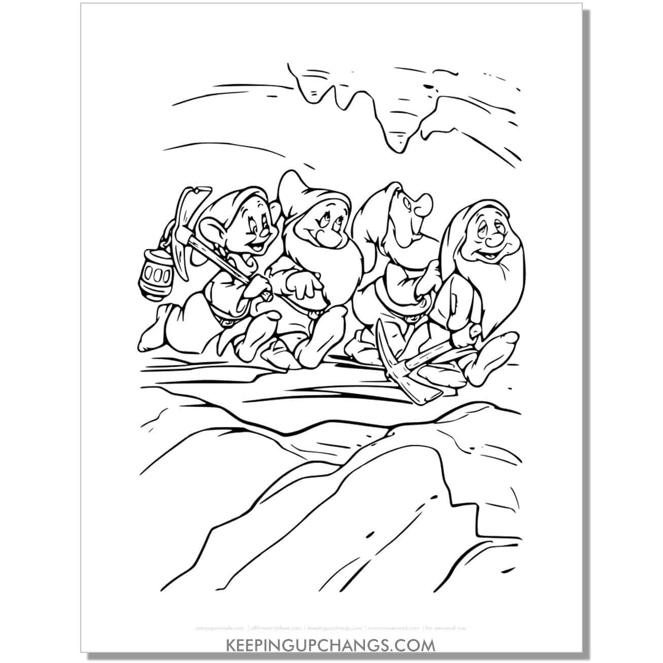 snow white dwarfs in mine coloring page, sheet.