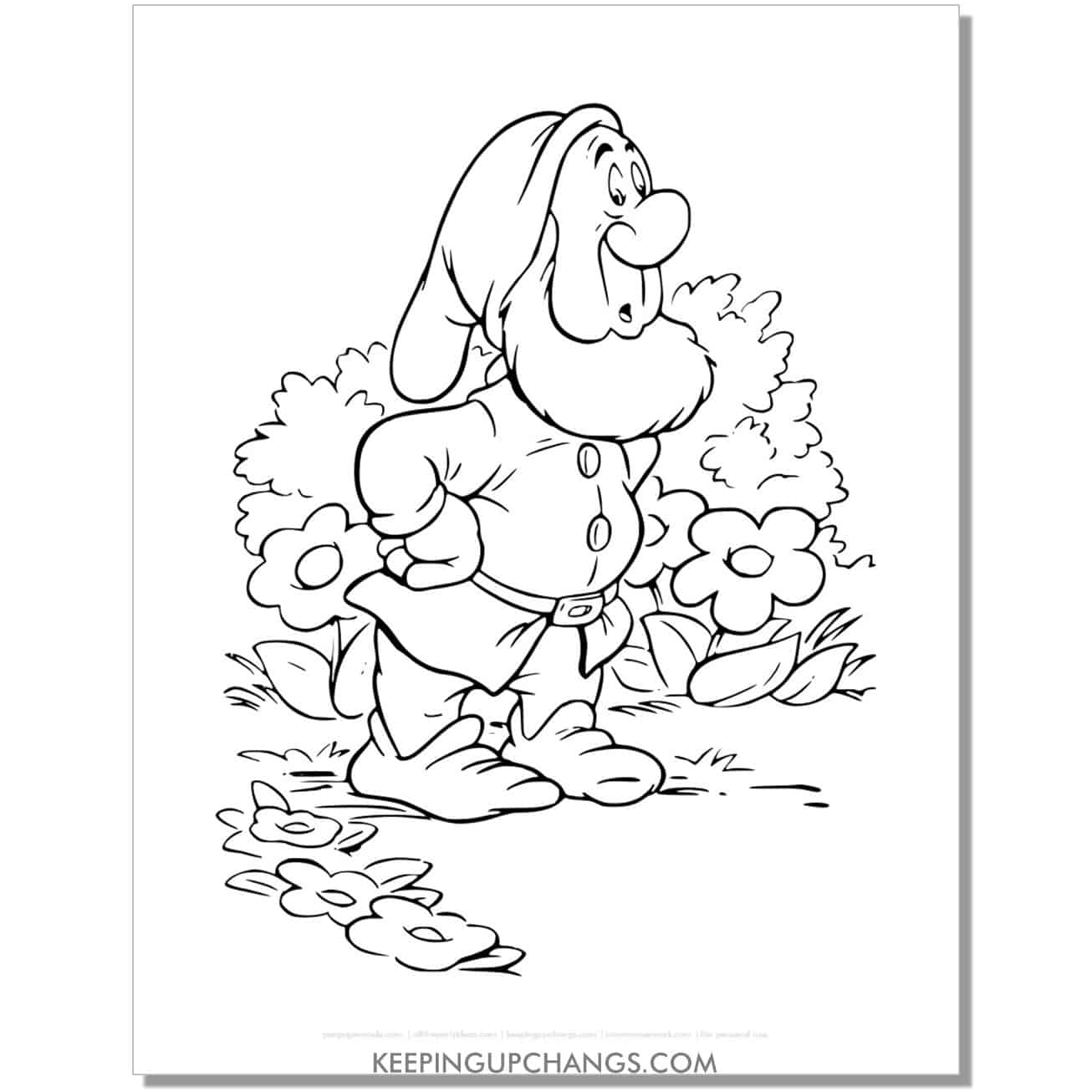 snow white dwarf sneezy in garden coloring page, sheet.
