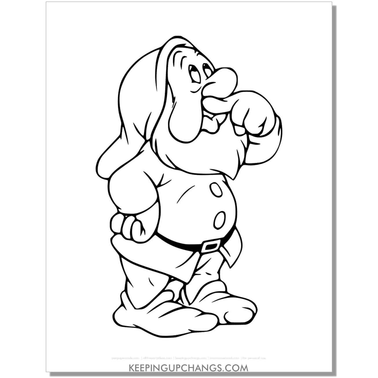 snow white dwarf sneezy with finger on nose coloring page, sheet.