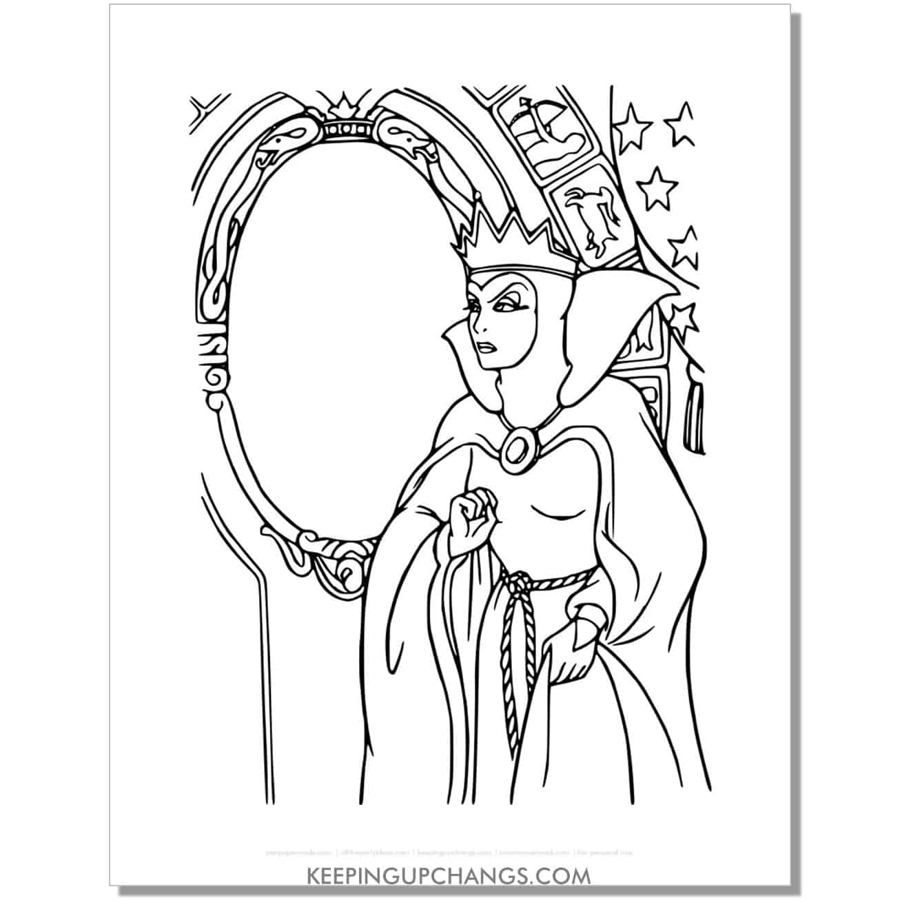 snow white evil queen looking at mirror on the wall coloring page, sheet.