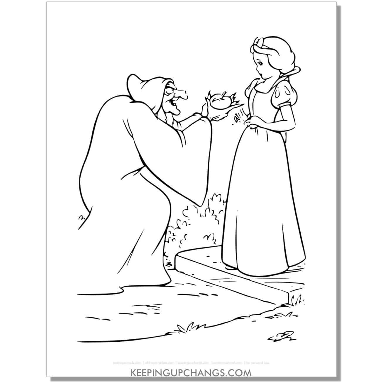 snow white being offered poison apple by witch coloring page, sheet.