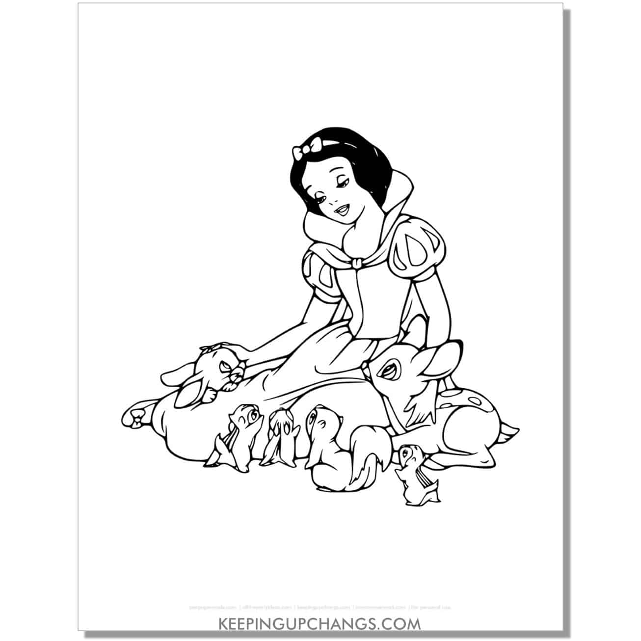 snow white sitting with rabbits, deer, squirrels coloring page, sheet.