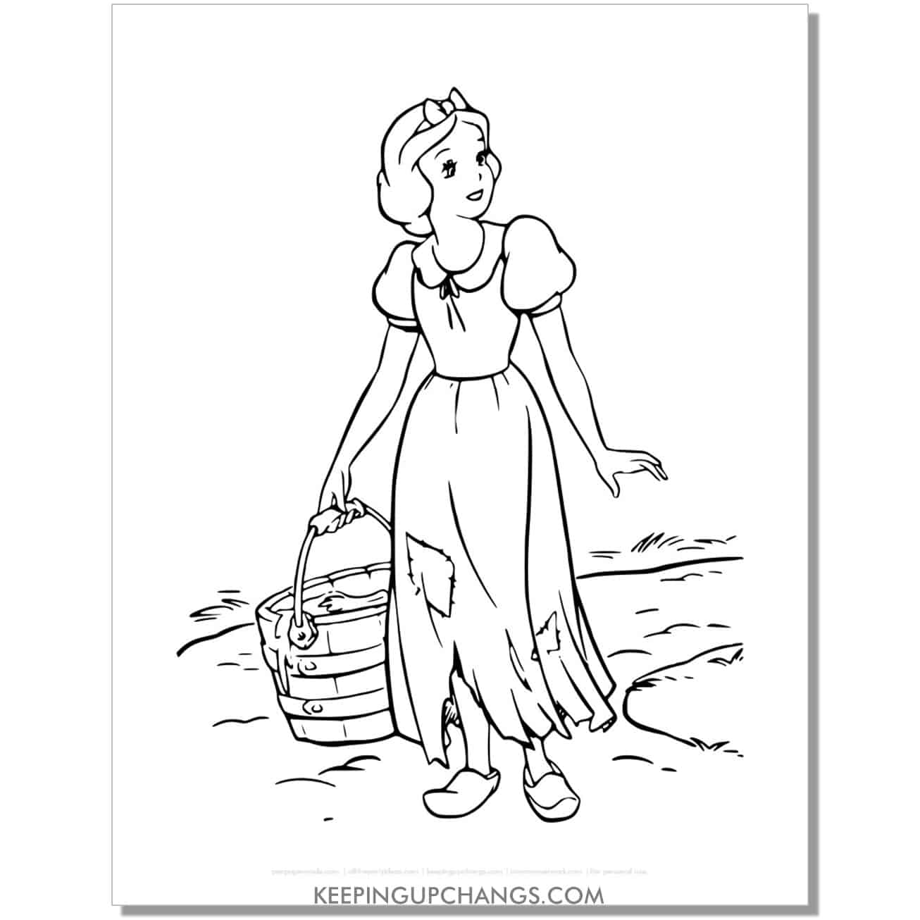 snow white fetching pail of water coloring page, sheet.
