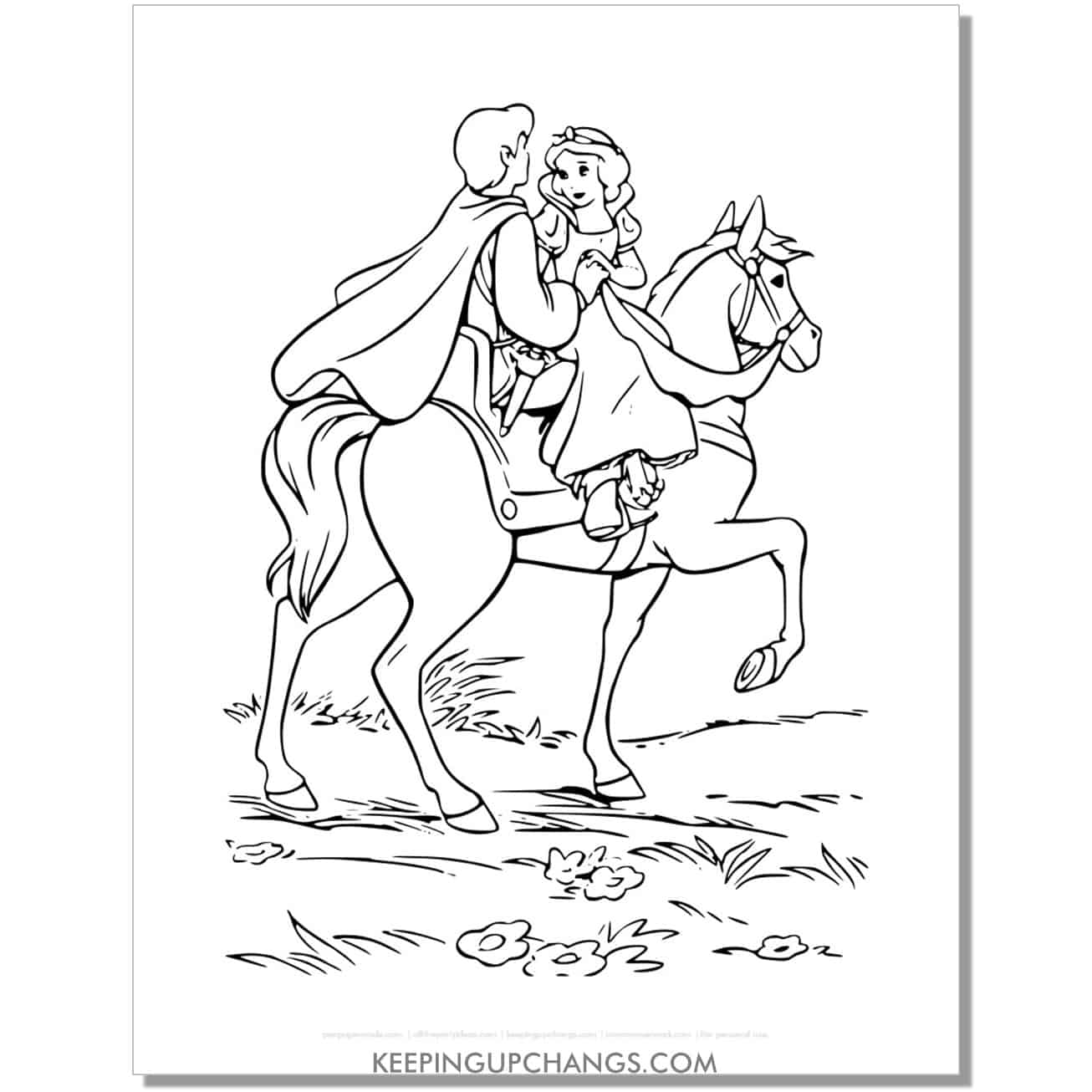 snow white on horseback with prince charming coloring page, sheet.