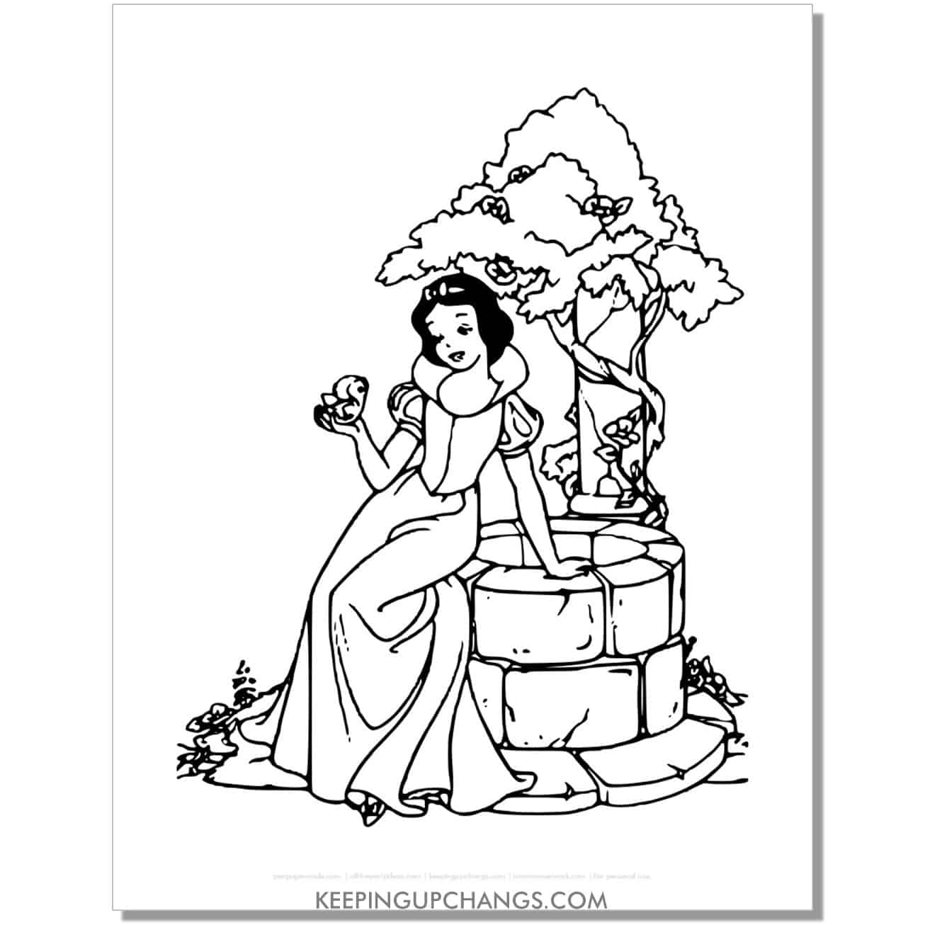 snow white near well coloring page, sheet.