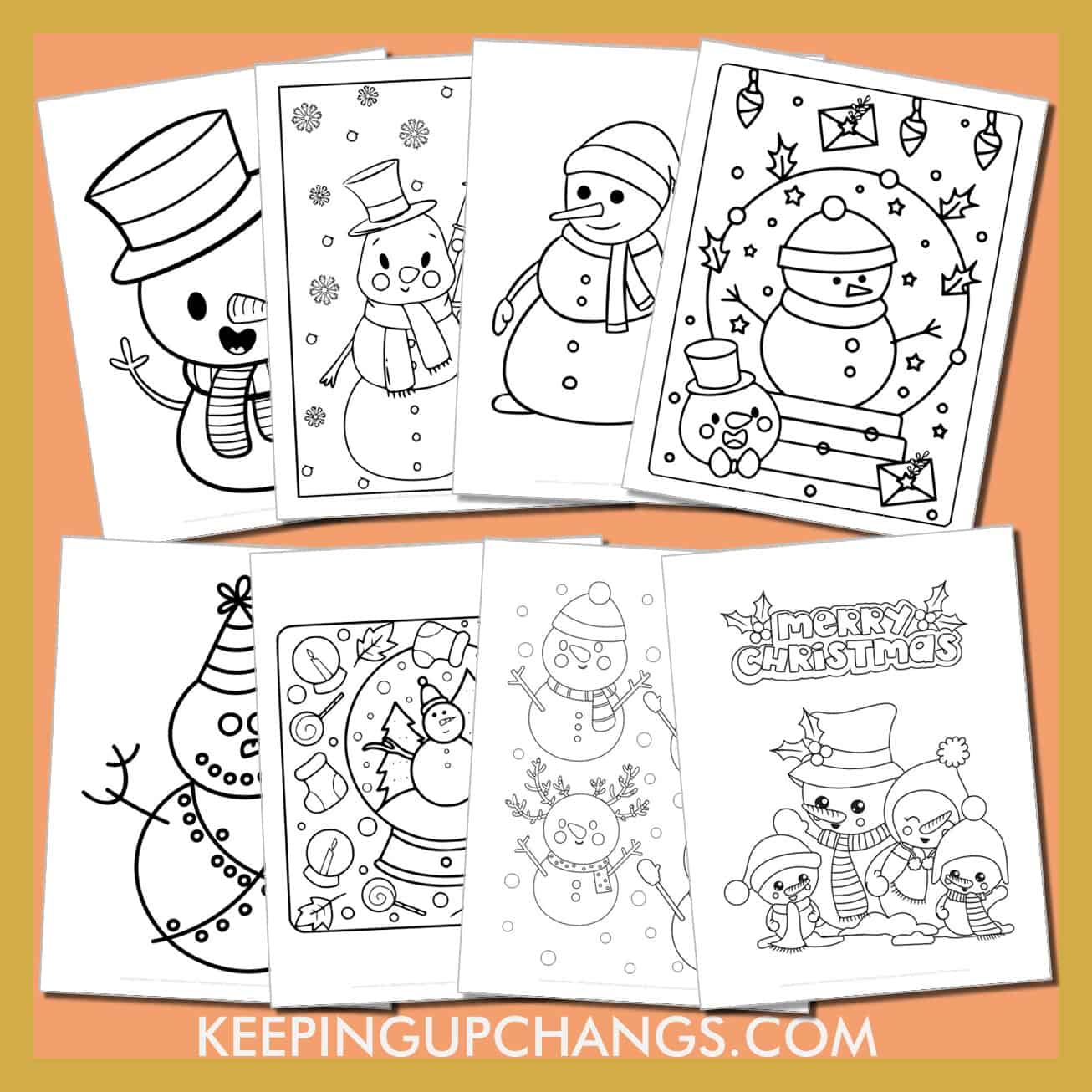 free snowman colouring sheets including cute, easy, simple and detailed winter christmas designs.