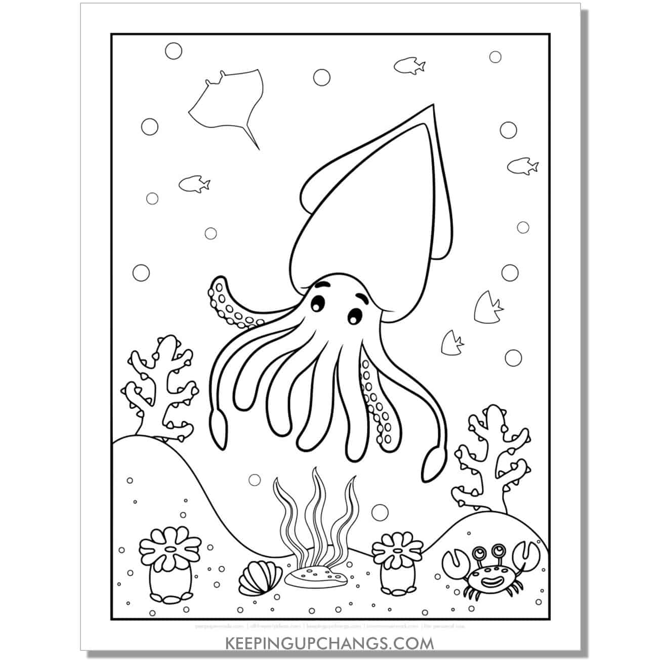 free cute squid in ocean coloring page, sheet for kids.
