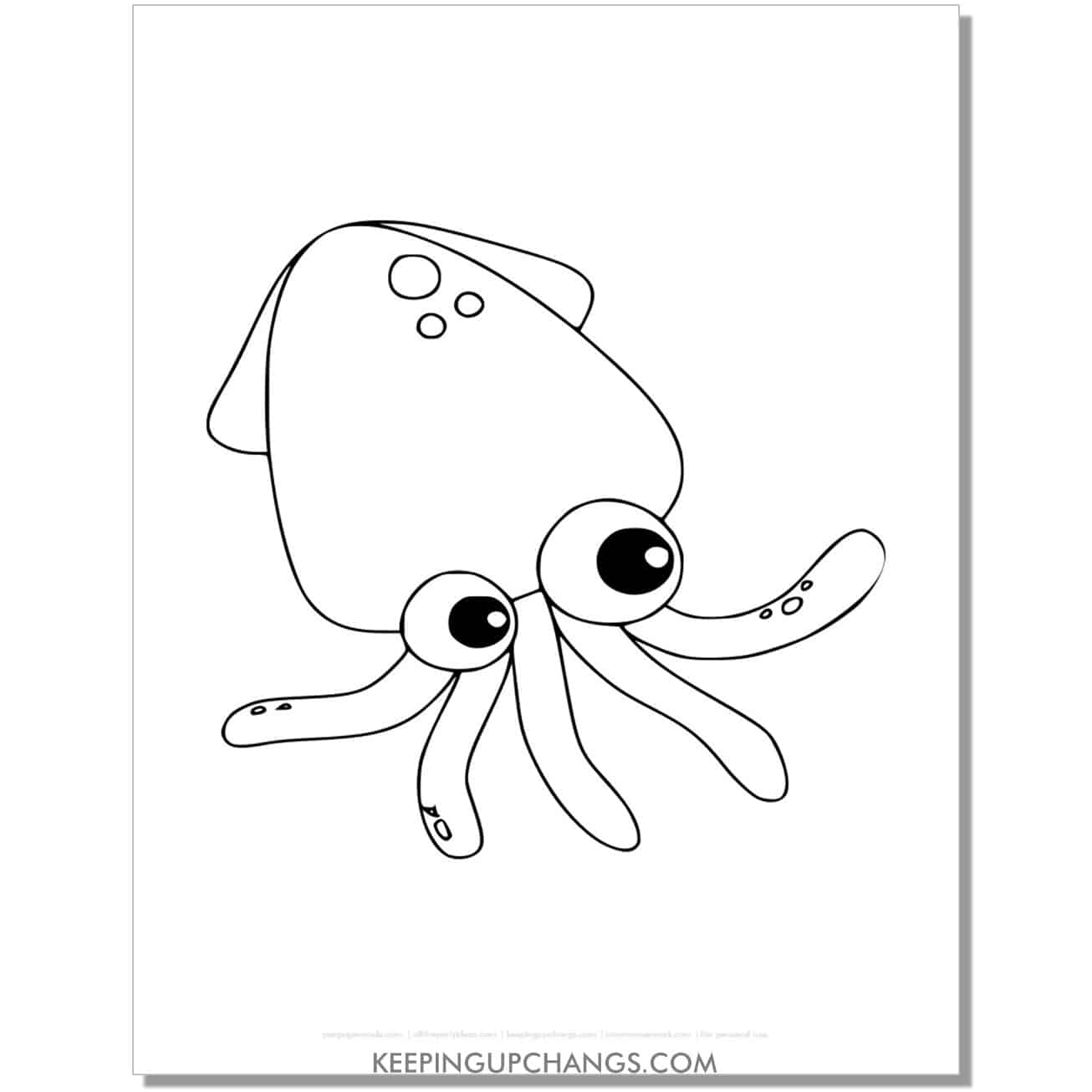 free cute squid coloring page, sheet hand drawing.