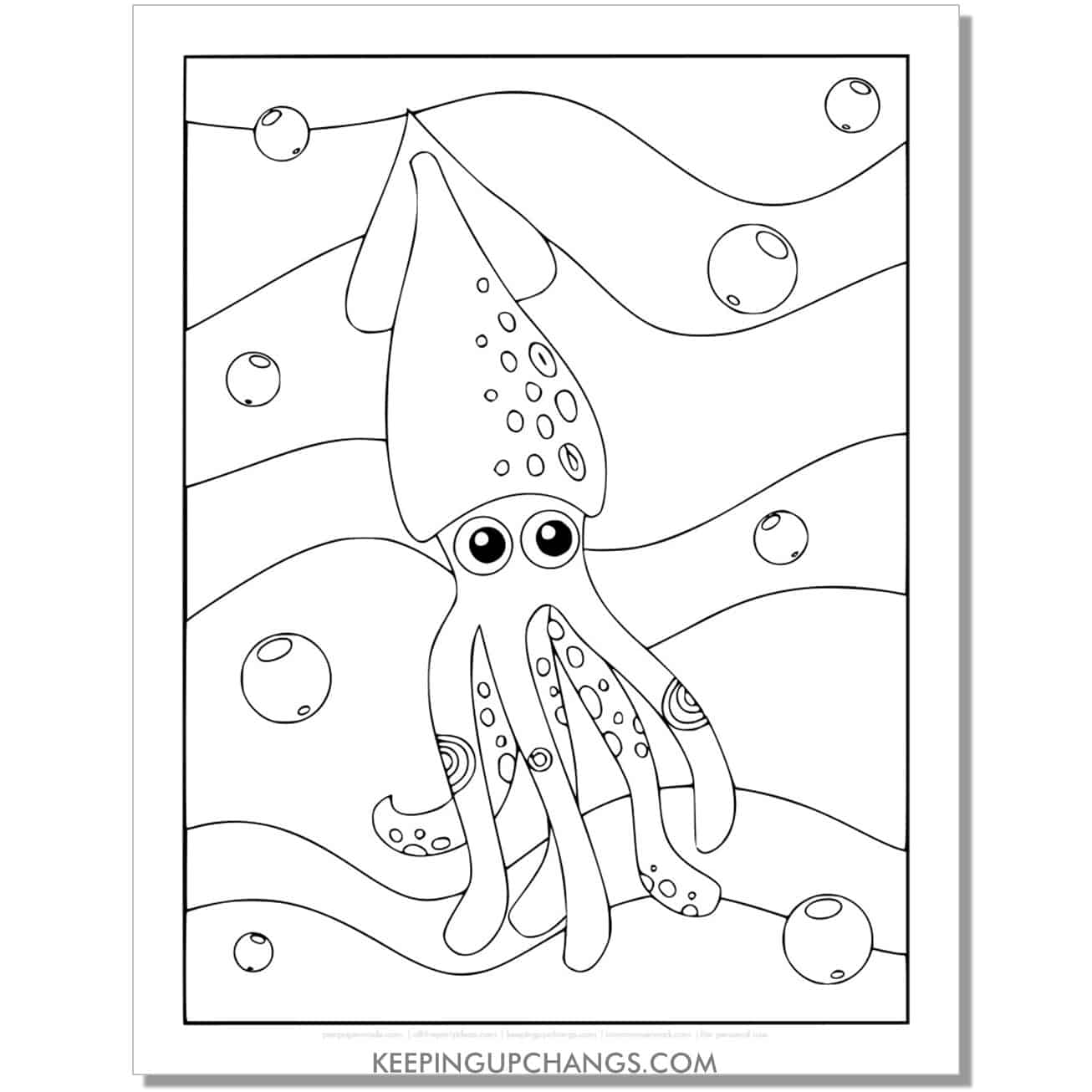 free full size squid coloring page, sheet for kids.