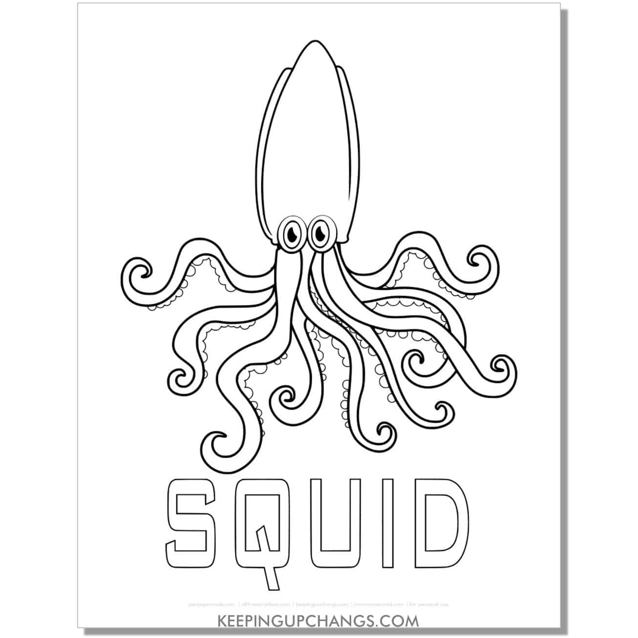 free hand drawn squid with word coloring page, sheet.