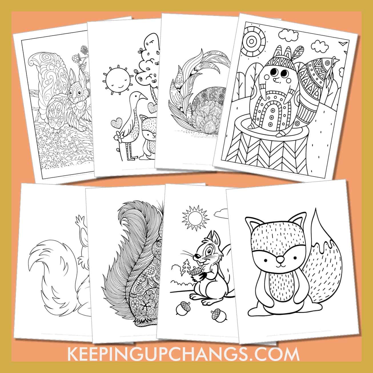 free squirrel pictures to color for toddlers, kids, adults.