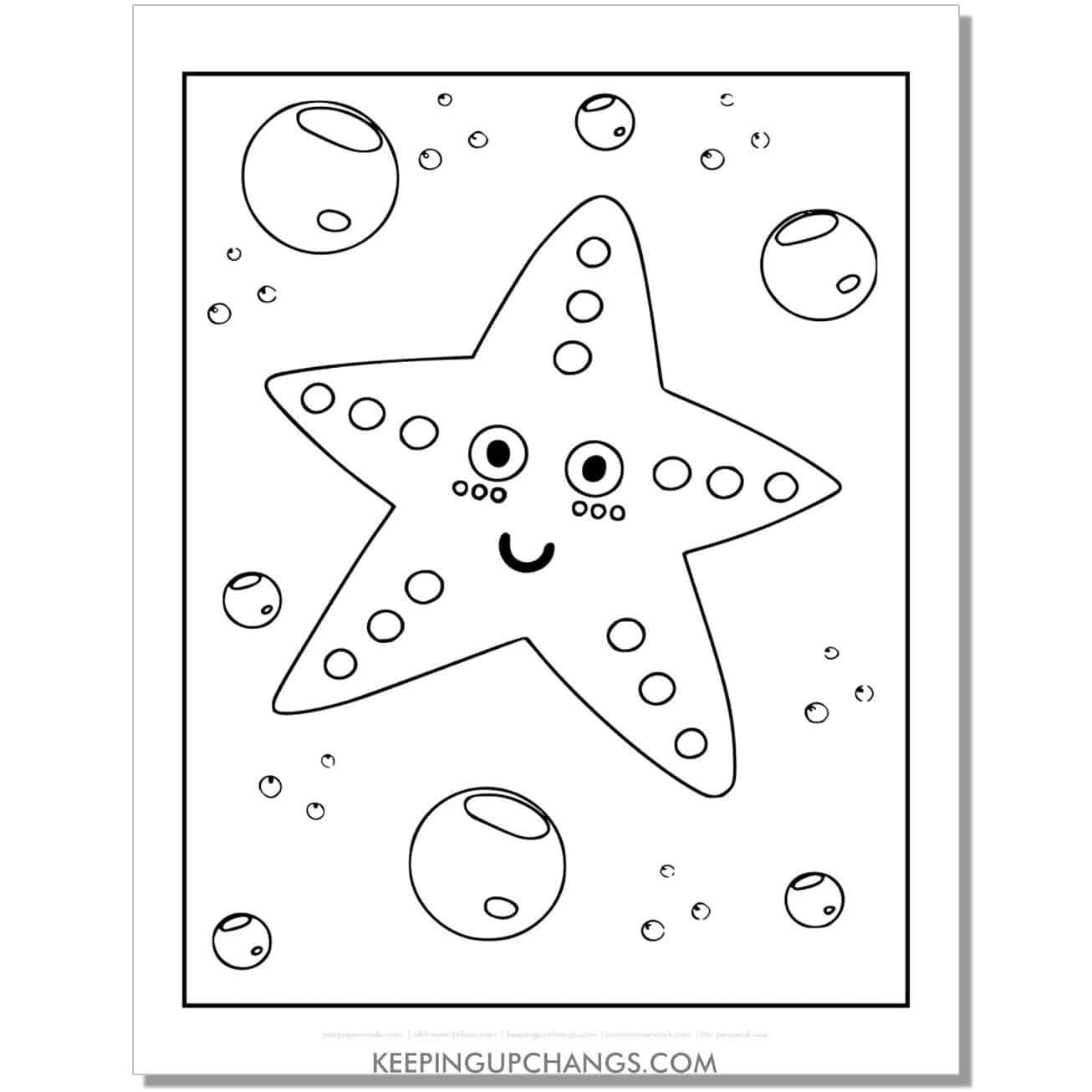 free cartoon full size sea star, starfish coloring page, sheet for kids.