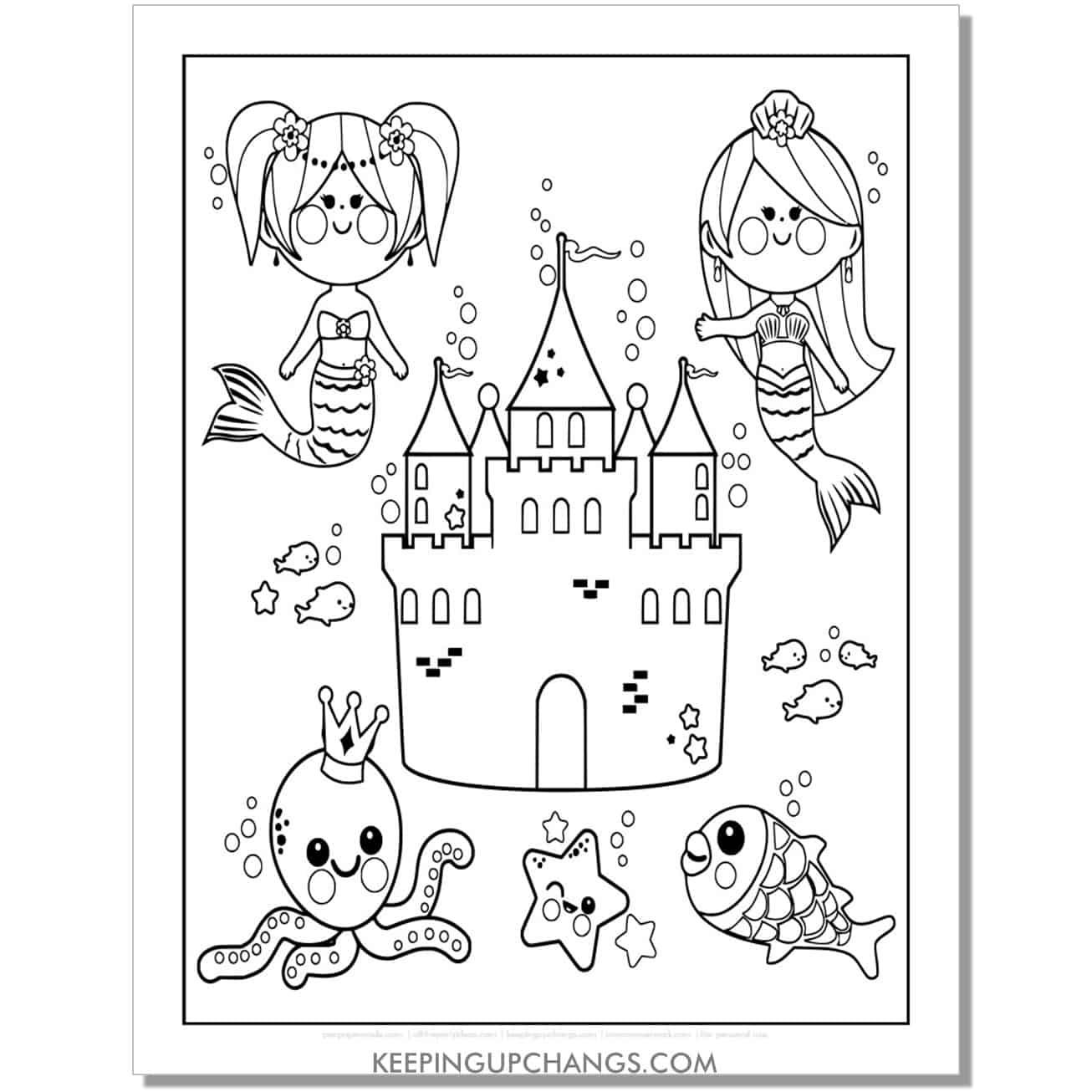 free mermaid, castle, octopus, sea star, starfish coloring page, sheet.
