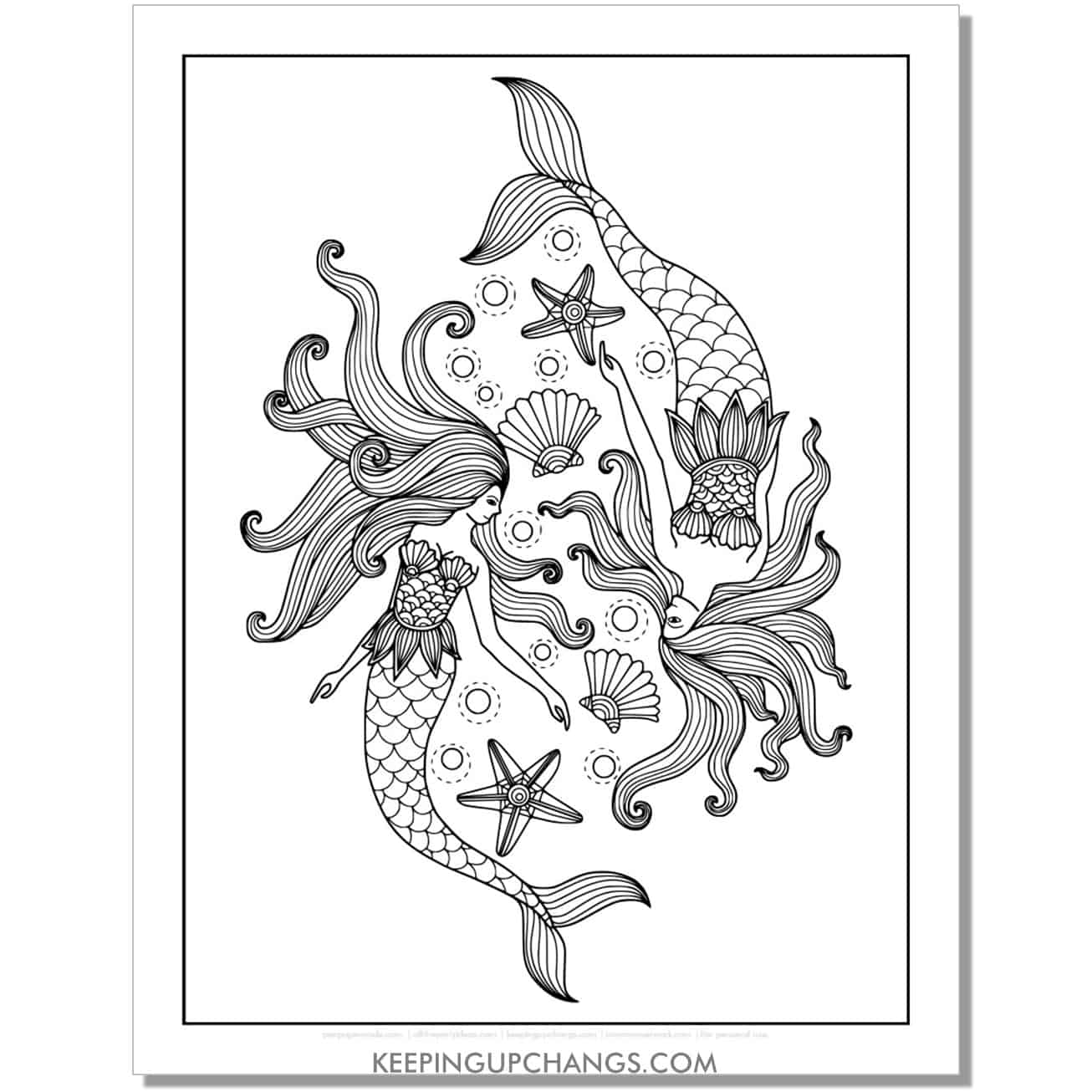 free detailed mermaid sea star, starfish coloring page, sheet.