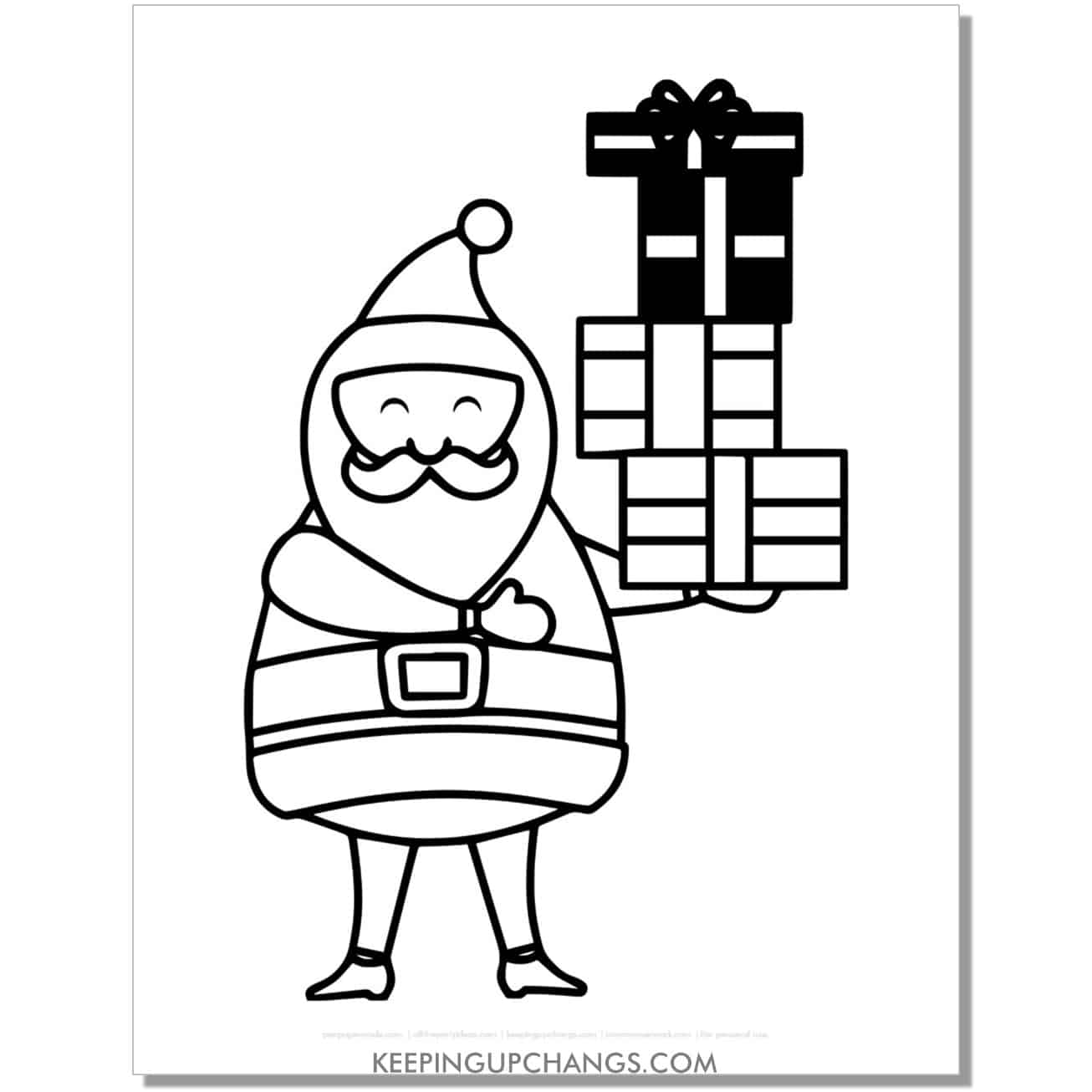 free santa with stack of presents outline, template, cut out, coloring page.