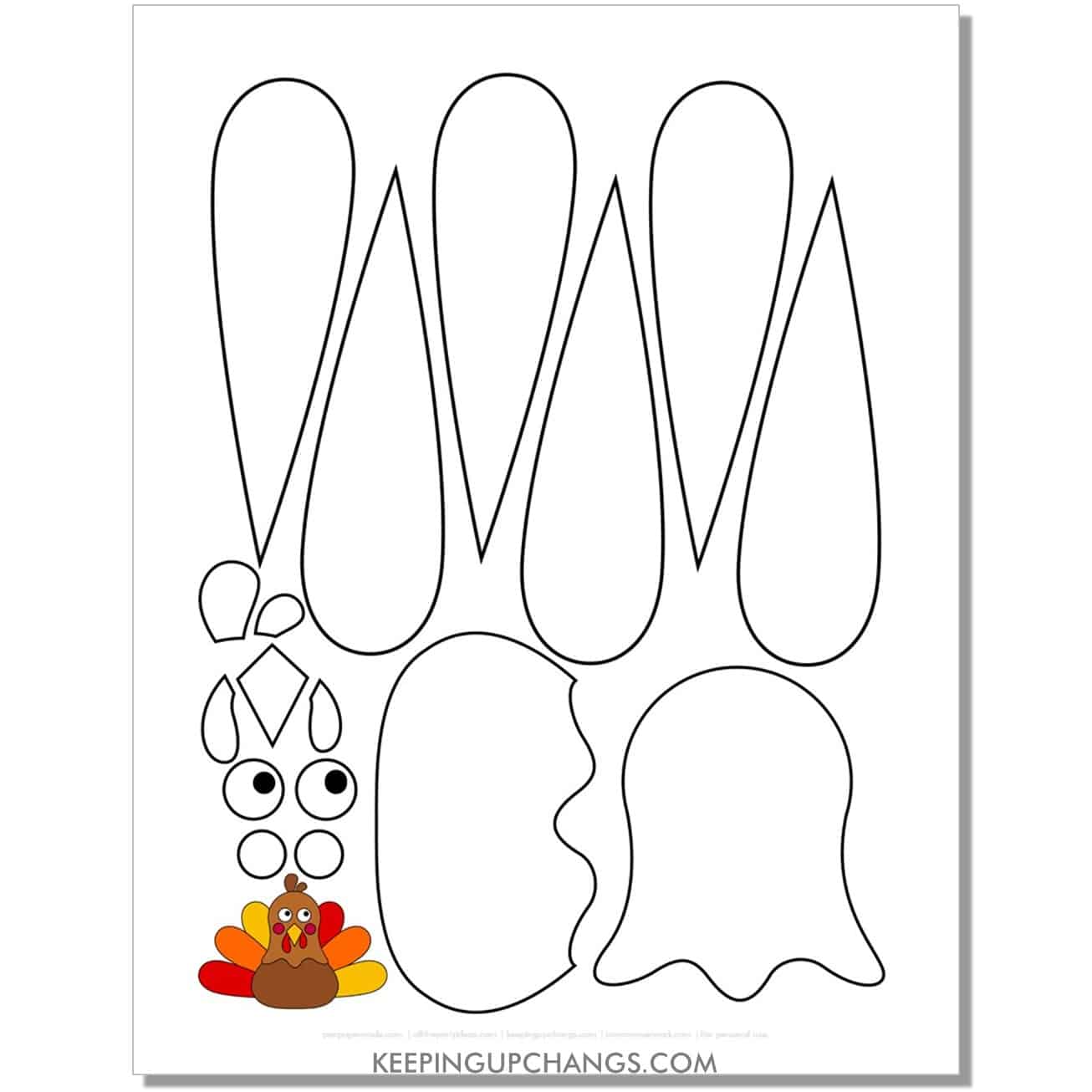 easy build a turkey template for toddler with feathers, body, hat, accessories in black, white.