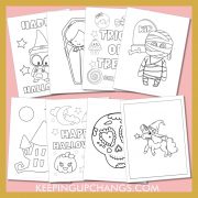 toddler halloween colouring sheets including spider, witch, bat, owl and more.