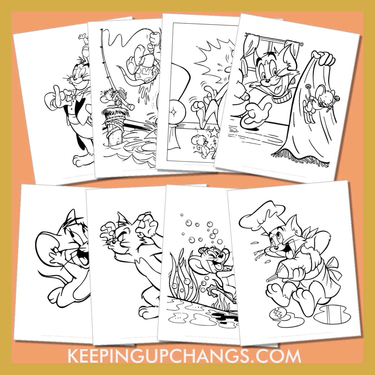 tom and jerry colouring sheets including beach, baking, christmas, spike, tyke, and more.
