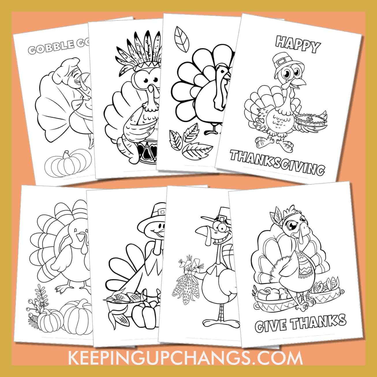turkey colouring sheets including happy thanksgiving, pilgrim, indian, gobble gobble, pumpkins and more.
