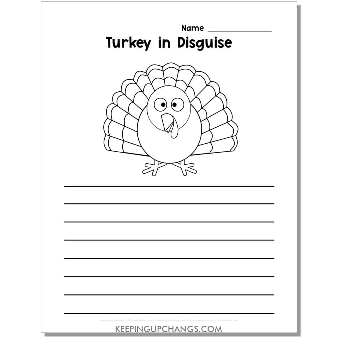hide the turkey printable template with picture and lines for writing.