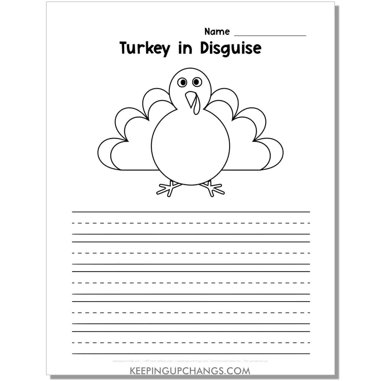 tom the turkey disguise printable template with picture and dotted primary lines for writing.