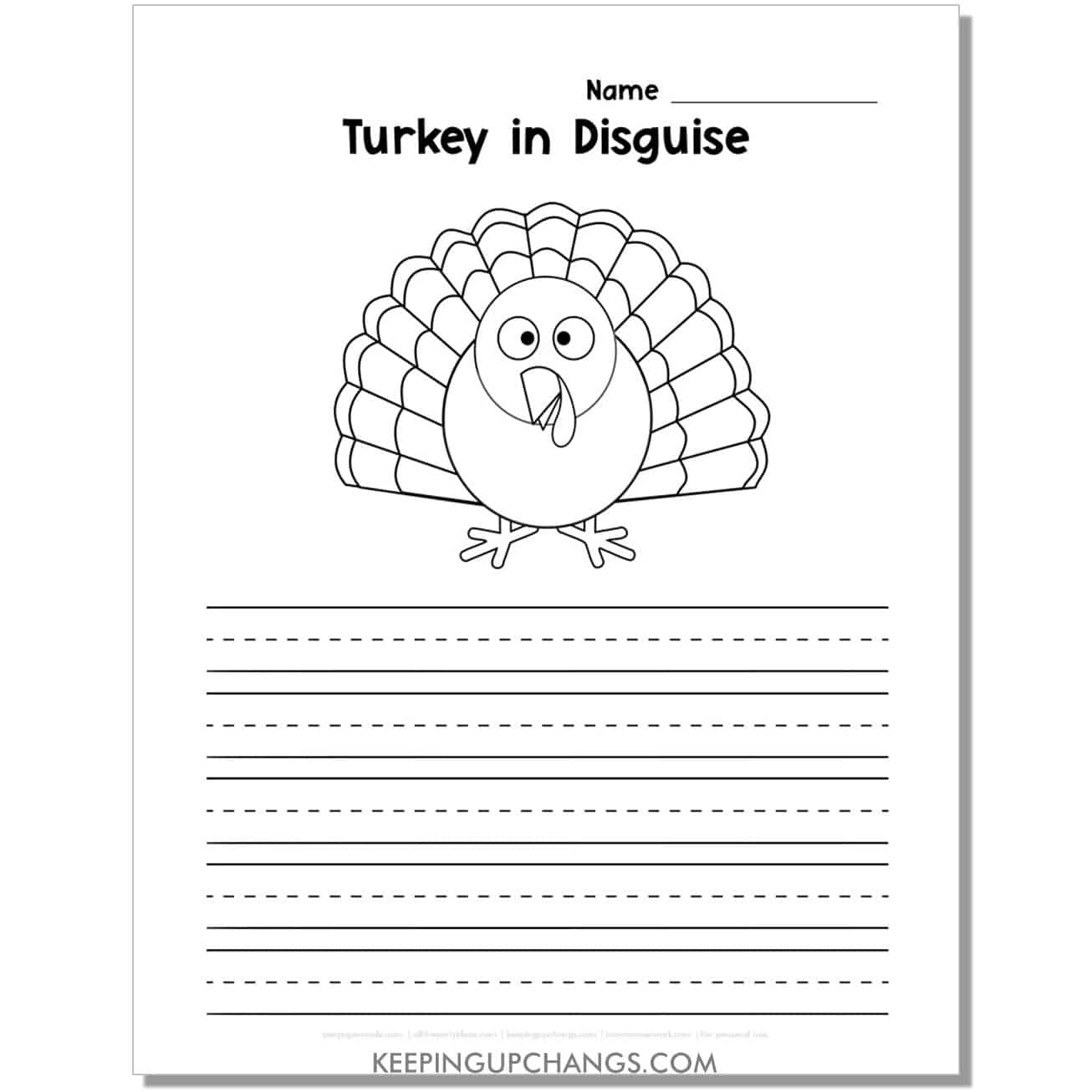 hide tom turkey disguise project printable template with picture and dotted primary lines for writing.