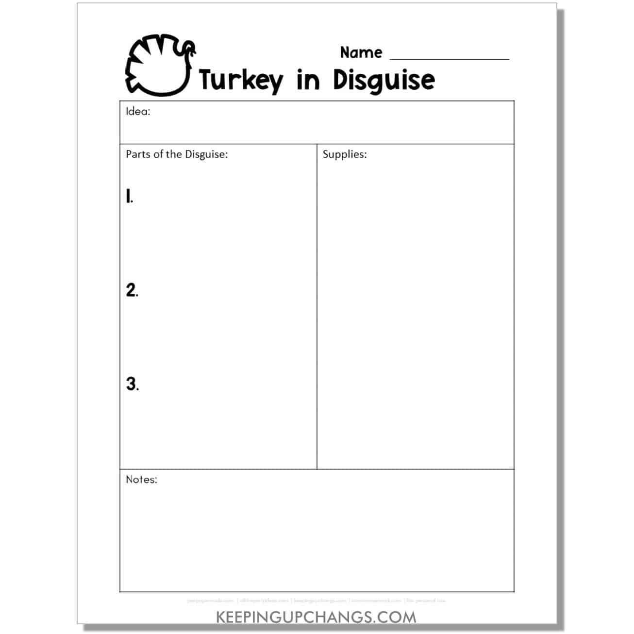 turkey disguise project worksheet for brainstorming costume.