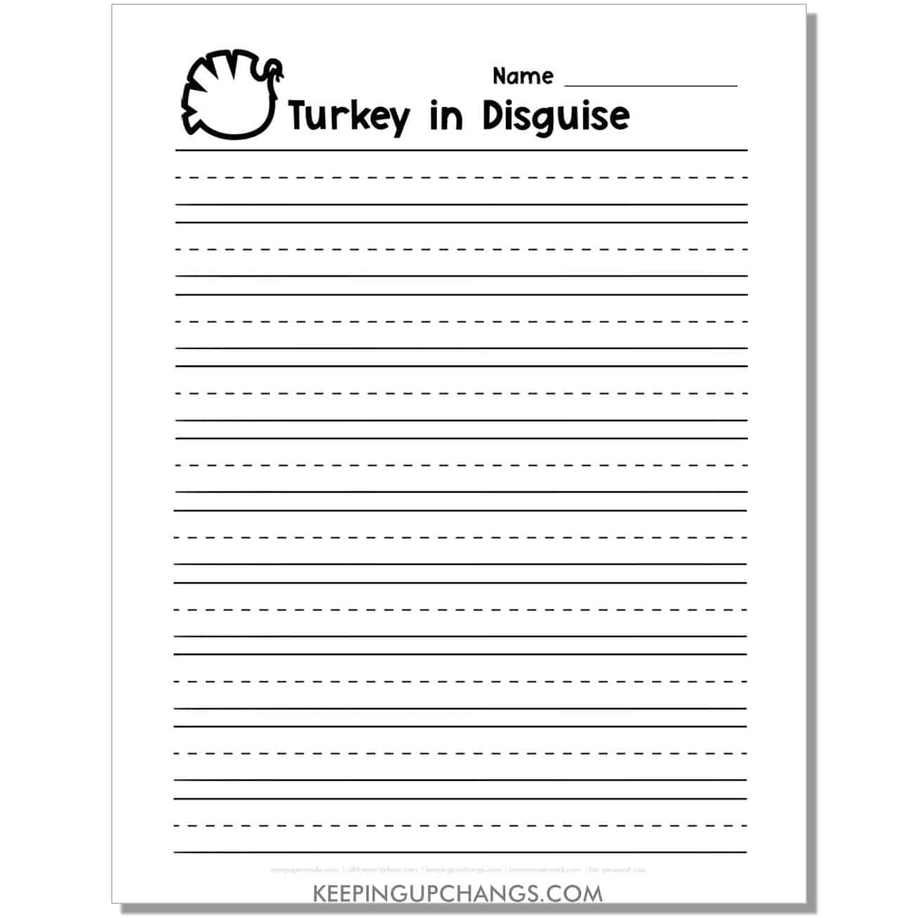 turkey in disguise blank primary dotted line writing template worksheet for persuasive, creative, opinion, narrative story writing.
