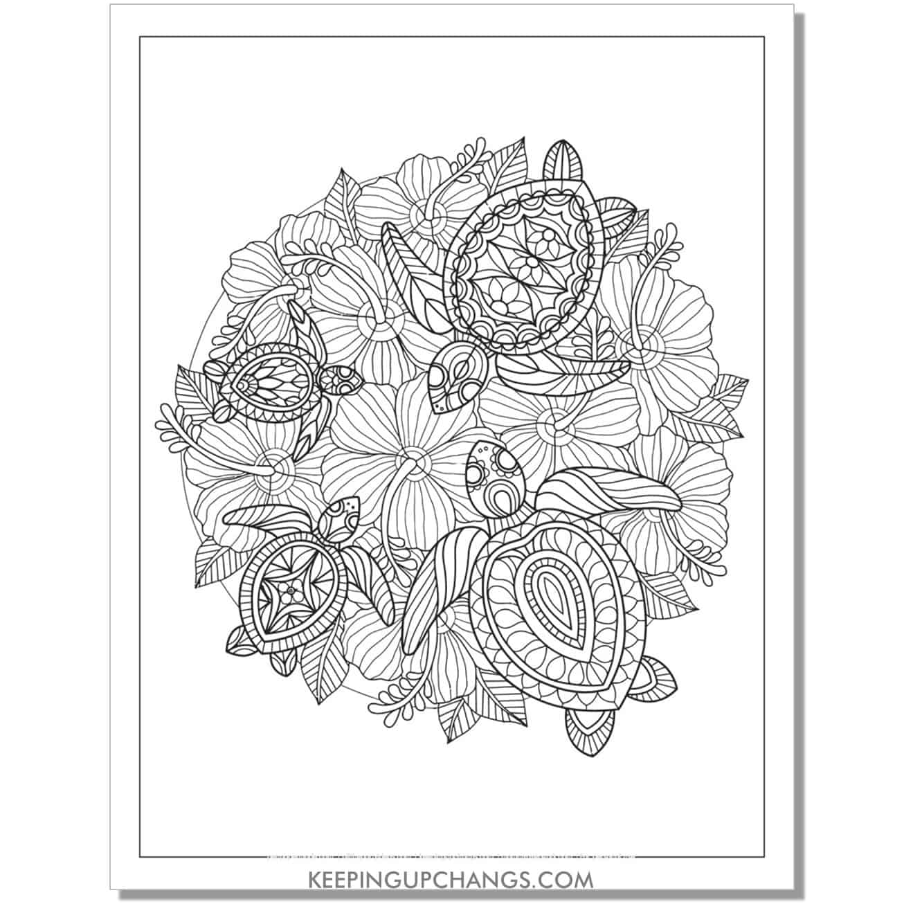 free intricate turtle family with flowers coloring page, sheet.