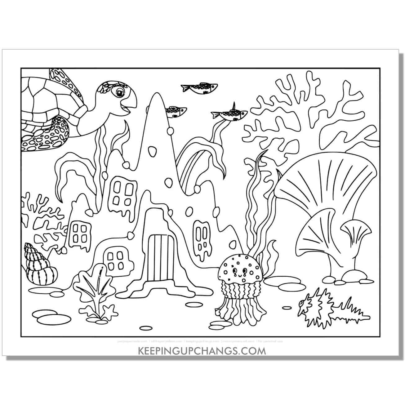 free detailed turtle coloring page, sheet with sand castle.
