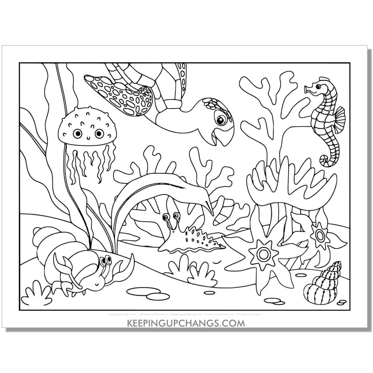 free detailed turtle coloring page, sheet with seahorse, crab, jellyfish.