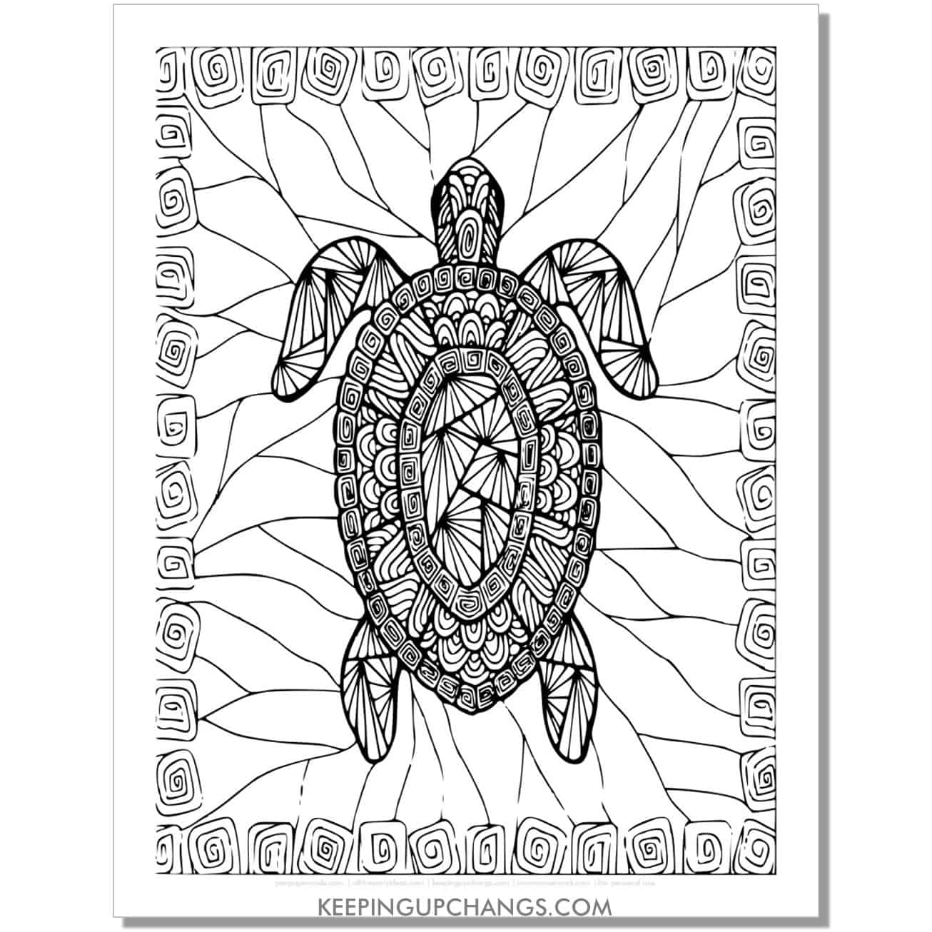 free complex turtle coloring page, sheet for adults.