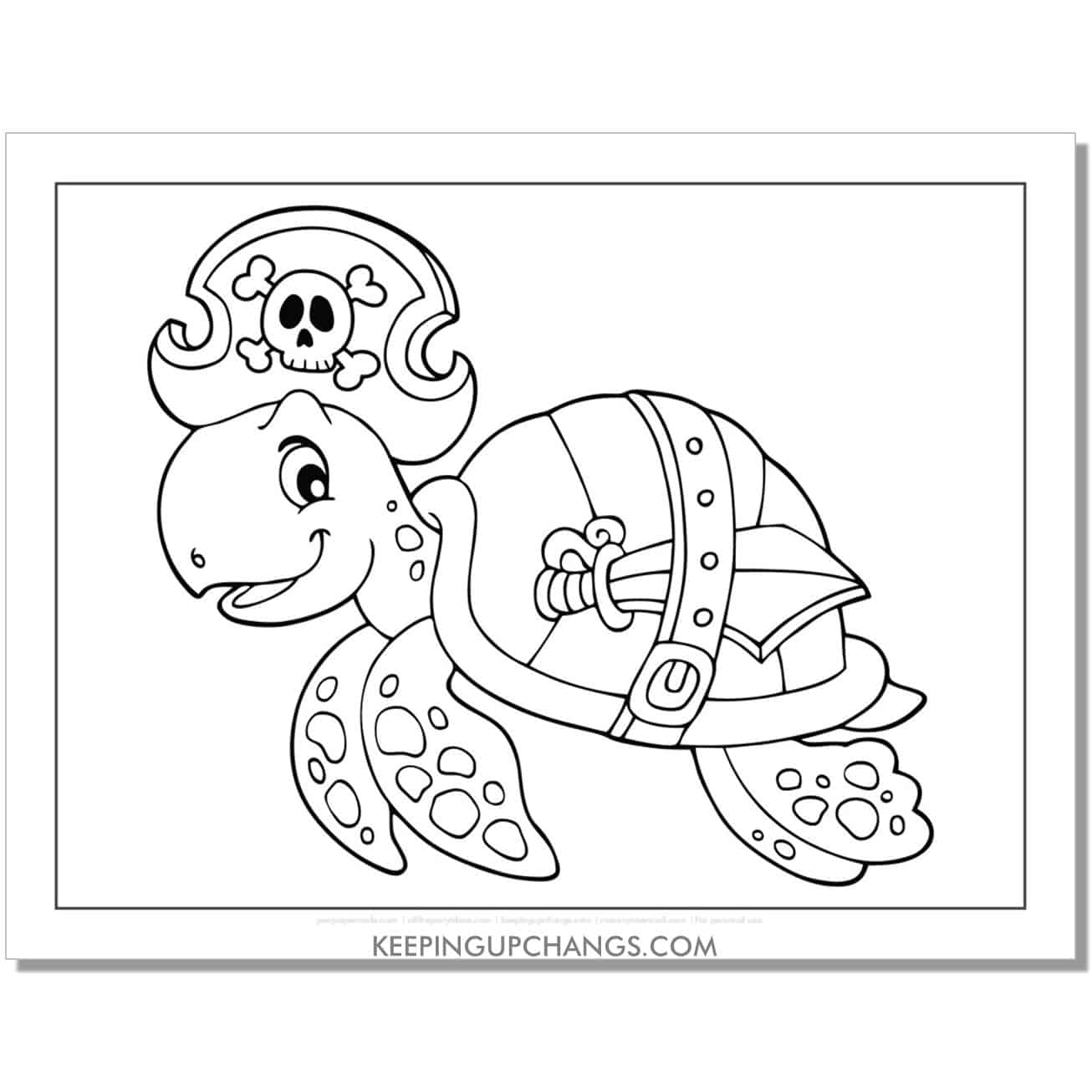 free cute cartoon pirate turtle coloring page, sheet.