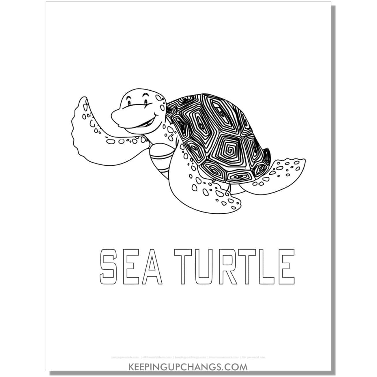 free cartoon sea turtle with word coloring page, sheet.