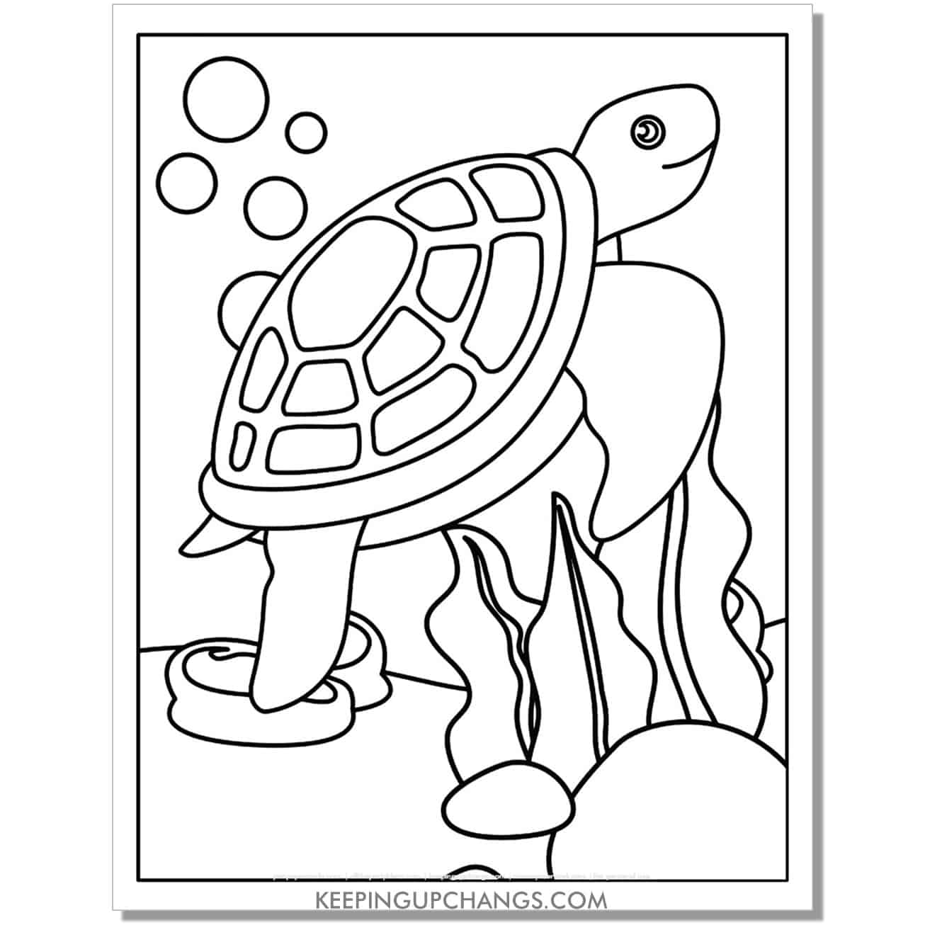 free turtle in the ocean full size coloring page, sheet.