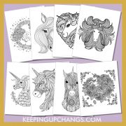 cute, realistic unicorn zentangle colouring sheets of this beautiful animal with a horn.