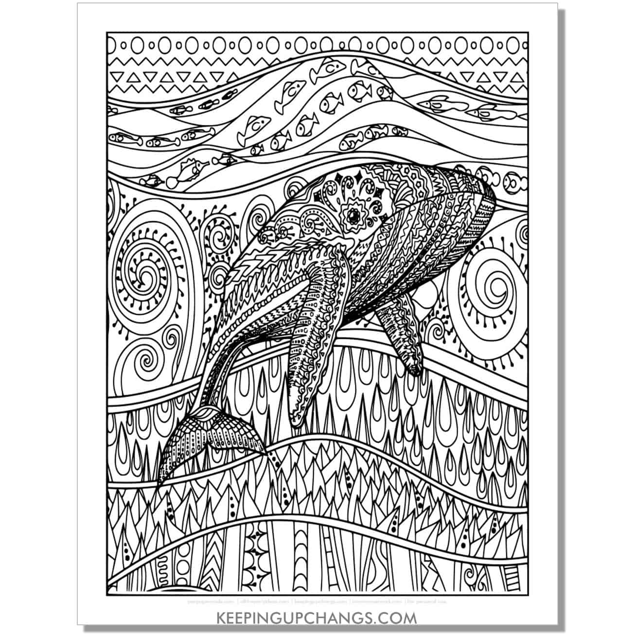 free intricate whale coloring page, sheet.