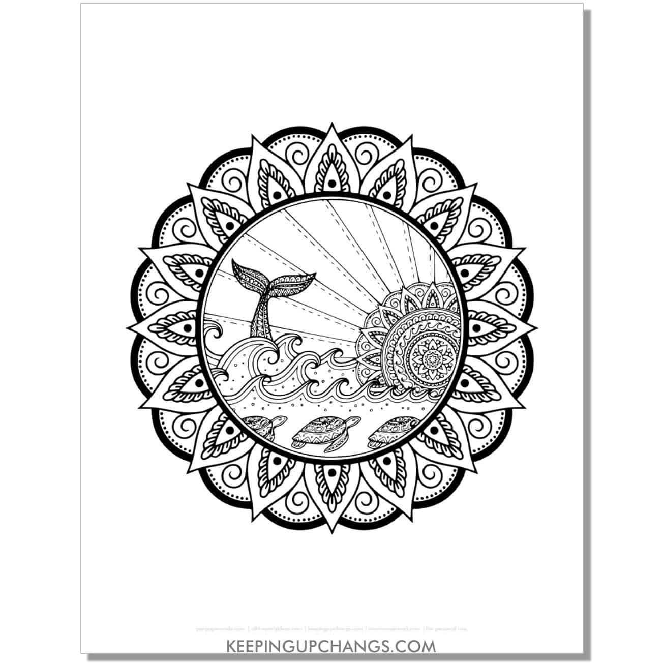 free detailed whale, turtle mandala sunset coloring page, sheet.