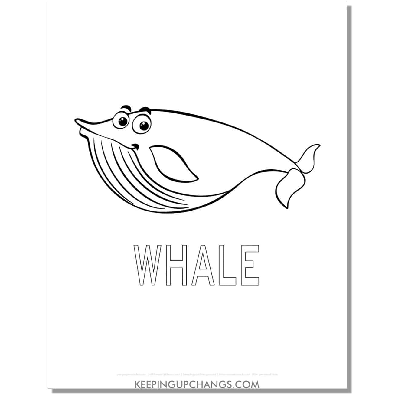 free funny whale with word coloring page, sheet.