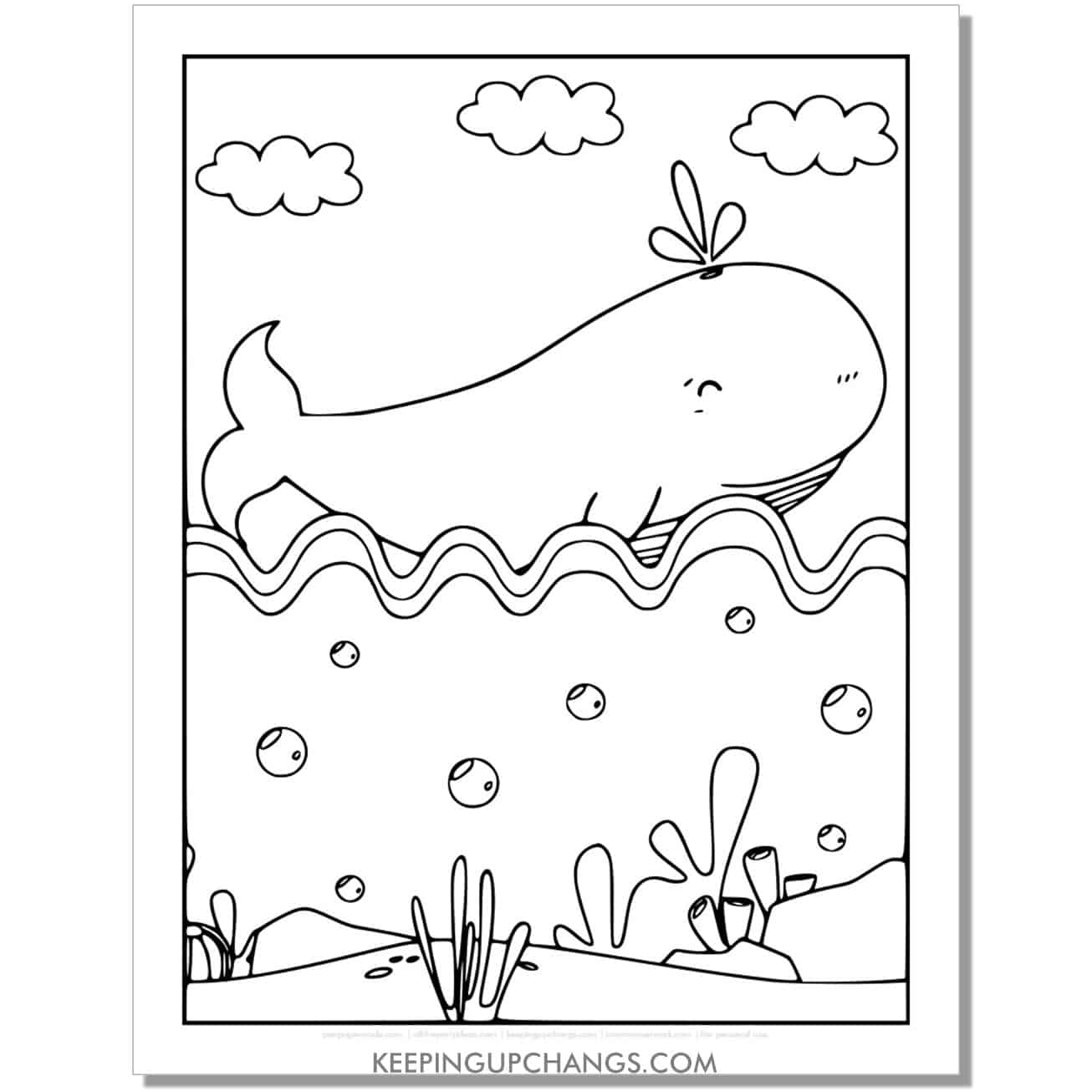 free happy full size whale coloring page, sheet for kids.