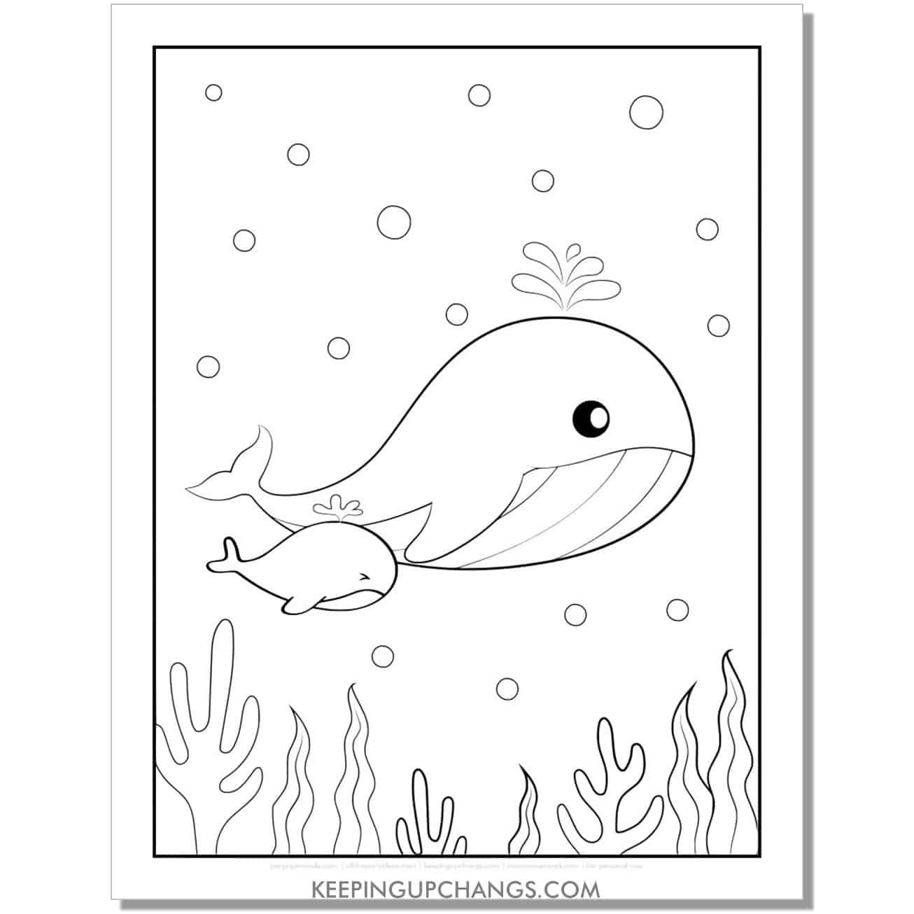 free adorable whale mom and baby coloring page, sheet.