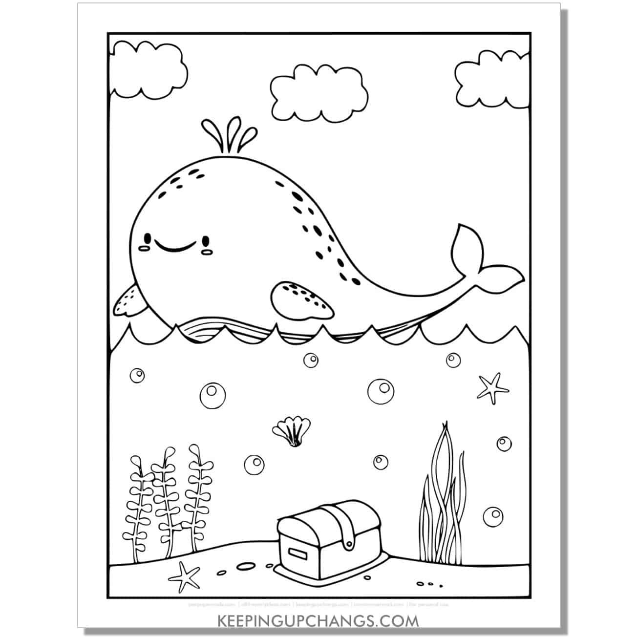 free cute full size whale coloring page, sheet.
