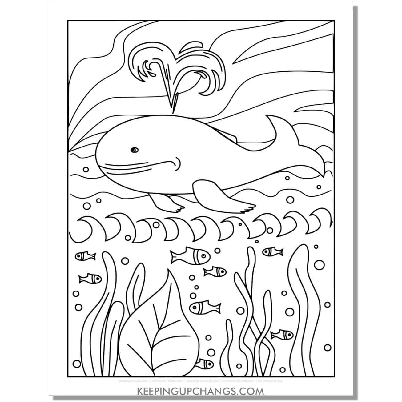 free hand drawn, full size whale coloring page, sheet.