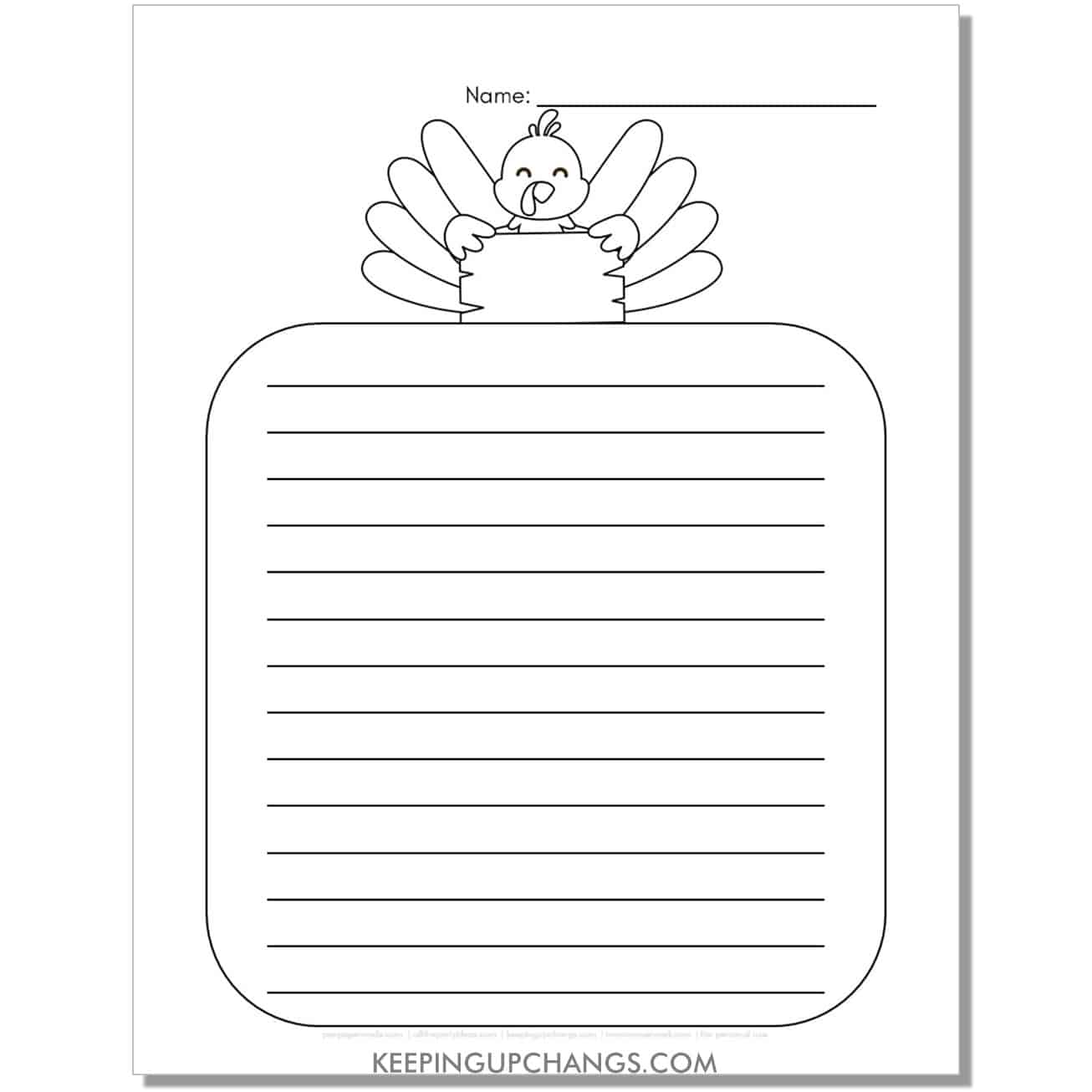 turkey template worksheet for writing with lines.