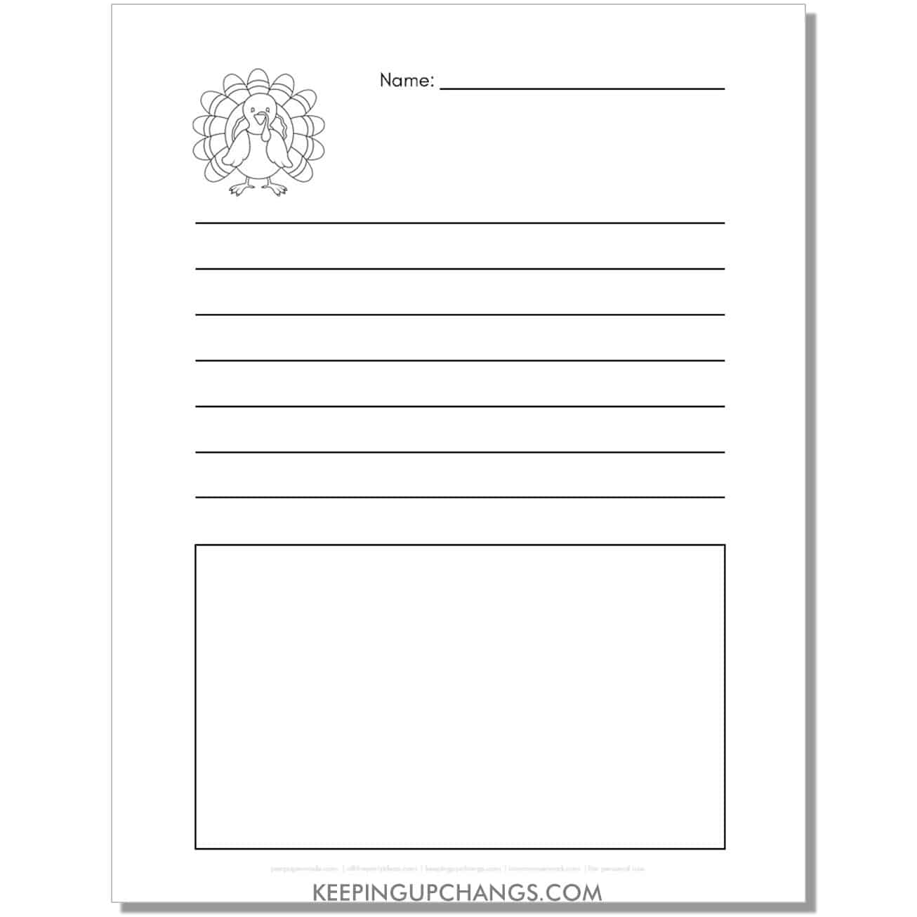 turkey template worksheet for writing with lines and drawing box.