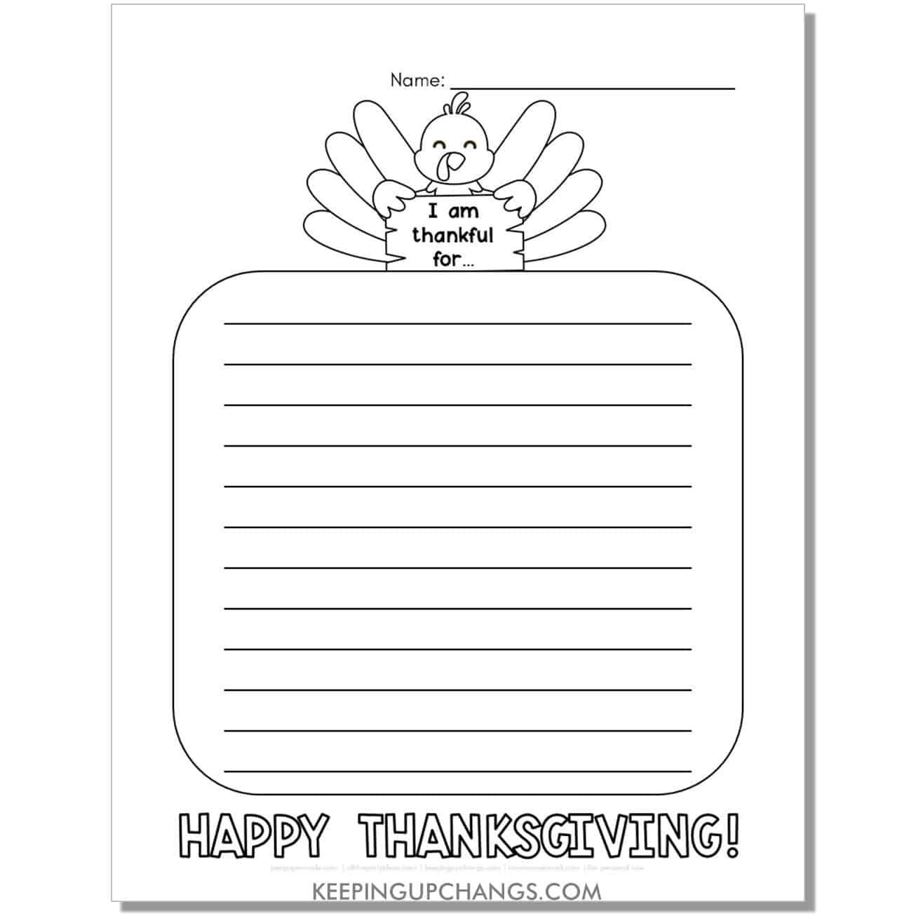i am thankful for turkey template worksheet with lines.