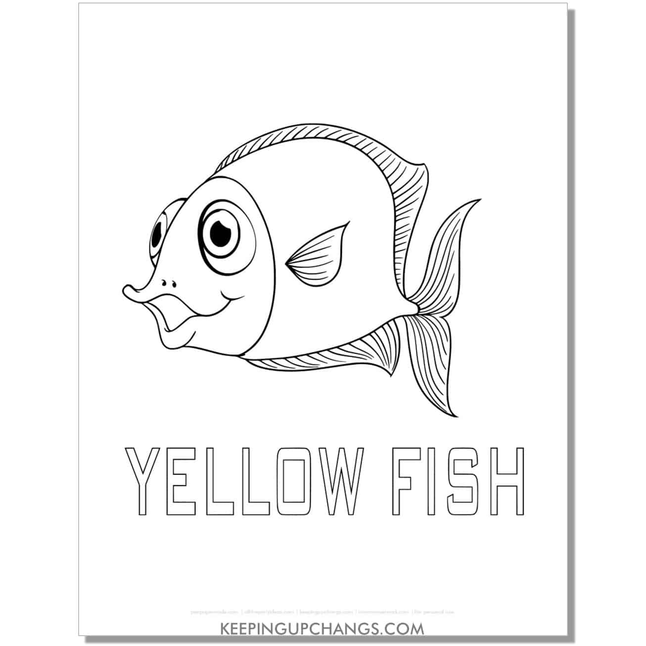 free yellow fish coloring page, sheet.